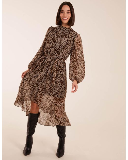 Blue Vanilla Brown Vanilla Leopard Print High Neck Wrap Frill Hem Midi Dress