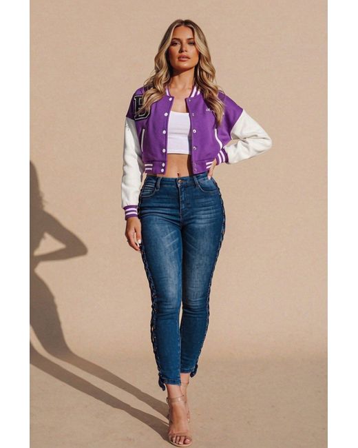 Femme Luxe Blue Varsity Slogan Contrast Sleeve Bomber