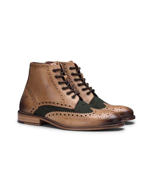 London Brogues Brown Classic Oxford Leather Gatsby Brogue Ankle Boots With Tweed for men
