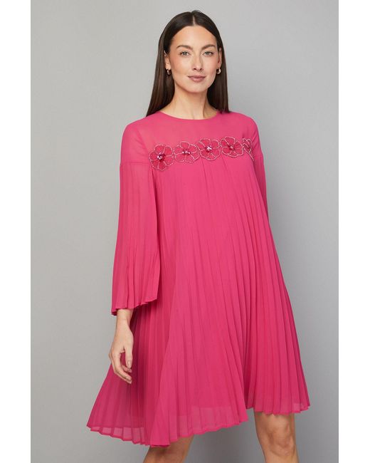 Wallis Pink Pleated Floral Trim Shift Dress