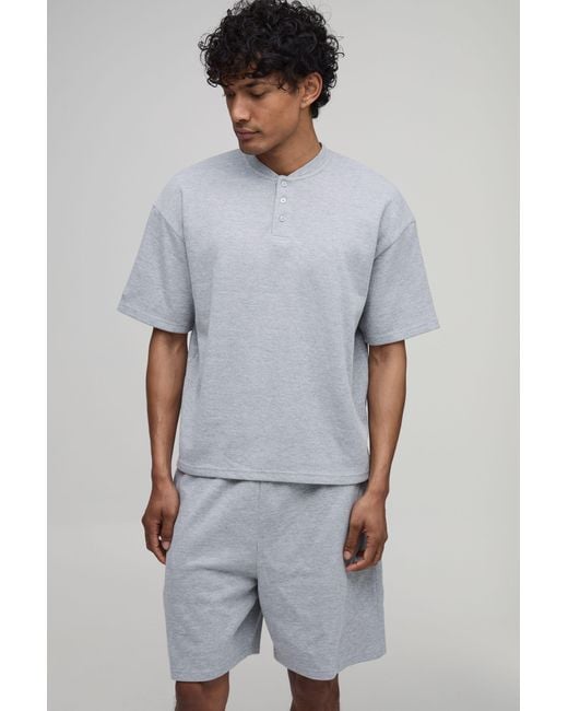 BoohooMAN Gray Oversized Boxy Waffle Henley T-Shirt & Baggy Lounge Set for men