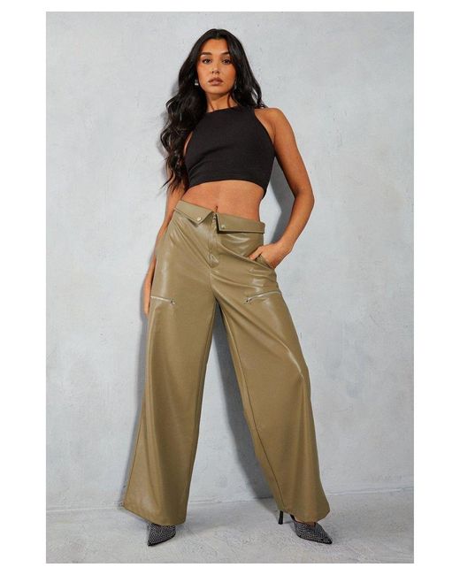 MissPap Green Leather Look Fold Over Cargo Trousers