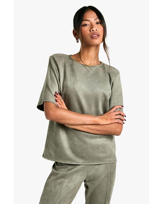 Boohoo Green Suede Oversized Fit Shoulder Pad T-Shirt