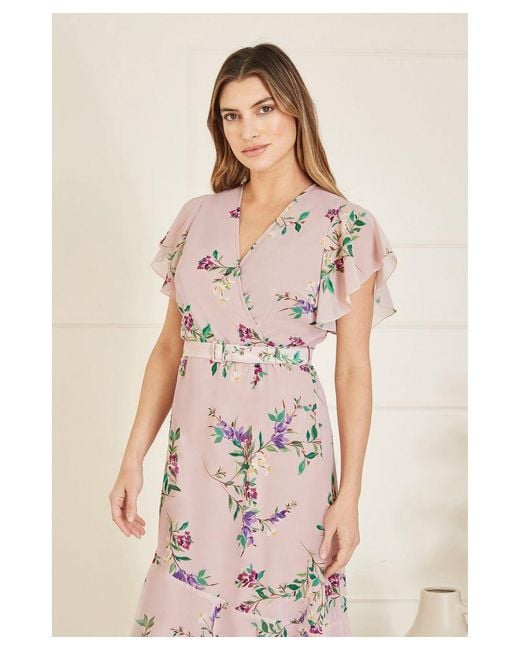 Yumi' Natural Blush Wrap Over Midi Dress With Frill Details And Matching Belt