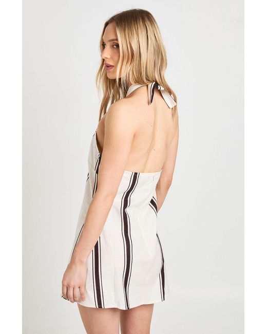 Boohoo White Petite Linen Stripe Beaded Mini Swing Dress