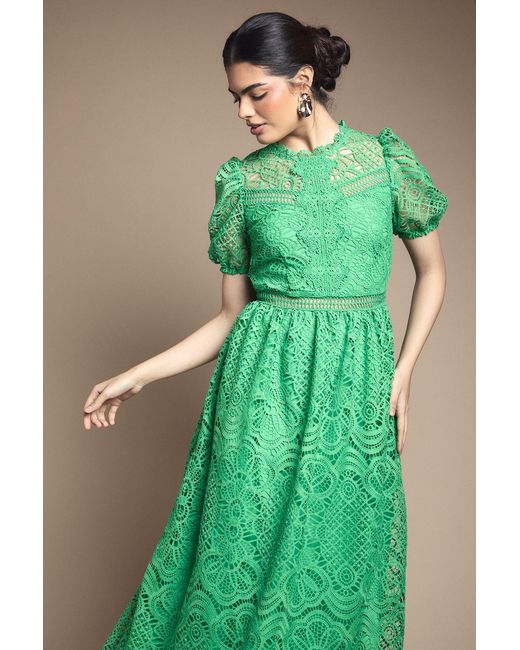 Oasis Green Lace Puff Sleeve Fit And Flare Midi Dress
