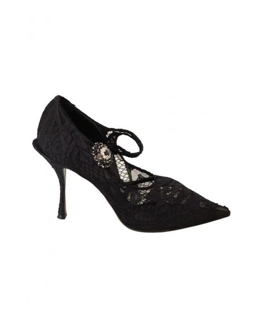 Dolce & Gabbana Black Lace Crystals Heels Mary Jane Pumps Shoes Nylon