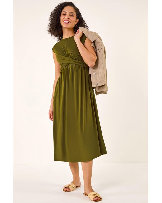 Roman Green Crossover Front Stretch Midi Dress
