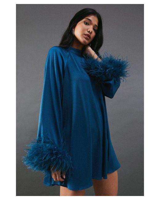 Warehouse Blue Feather-Trimmed Satin Swing Mini Dress