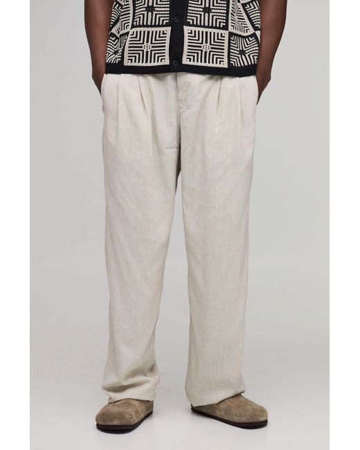 BoohooMAN Natural Tall Half & Waistband Straight Fit Linen Blend Trousers for men