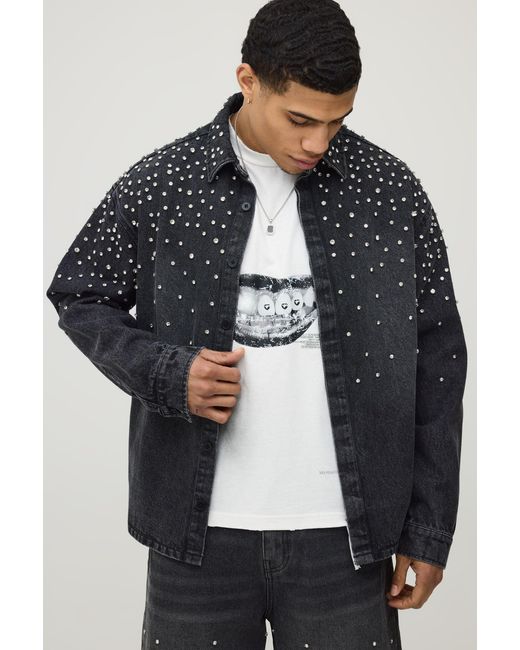 BoohooMAN Gray Jewel Embellished Raw Hem Denim Overshirt for men