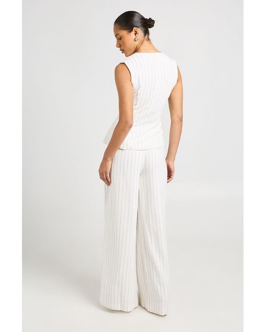 Boohoo White Stripe Linen Look Pleated Wide Leg Tailored Trousers