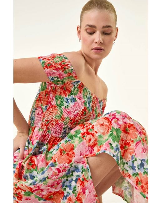 Roman Floral Print Bardot Shirred Midi Dress