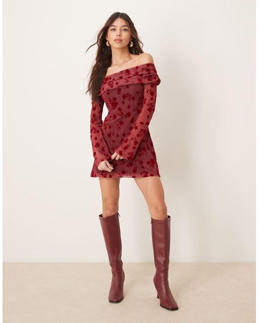 ASOS Red Fold Over Flocked Mesh Asymmetric Mini Dress
