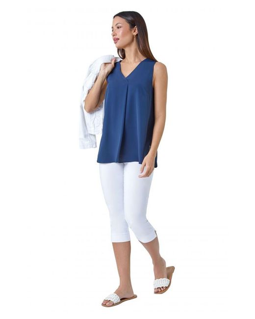 Roman Blue V-Neck Sleeveless Vest Pleat Top