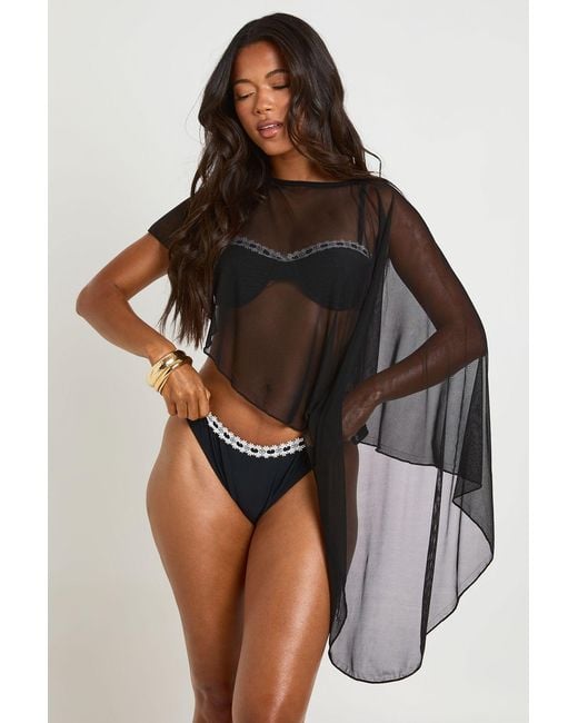 Boohoo Brown Sheer Mesh Cape Beach Top