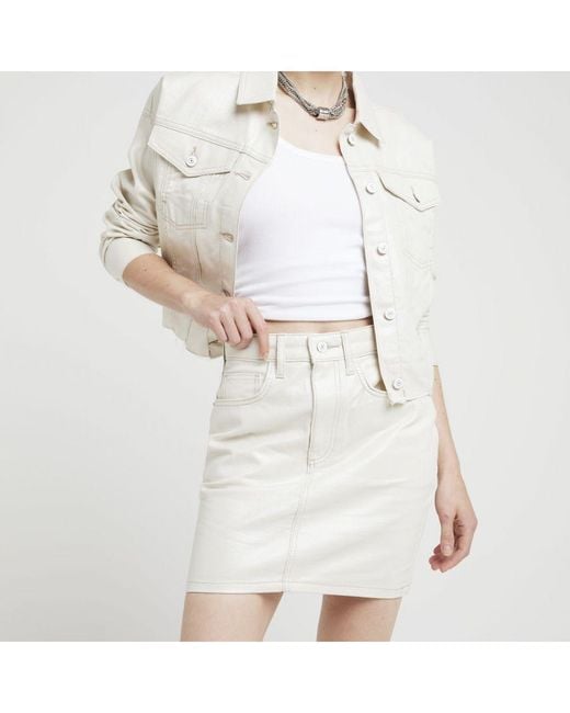 River Island White Mini Skirt Metallic Coated Denim Cotton