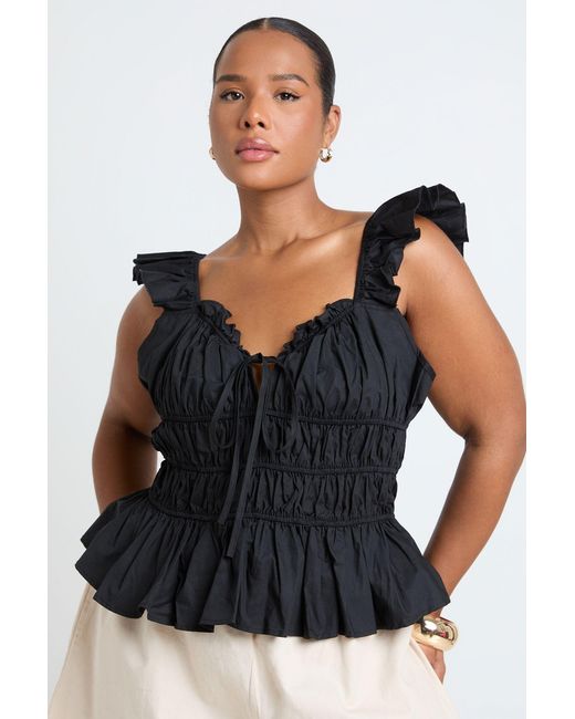 Boohoo Black Plus Frill Sleeve Shirred Tie Top