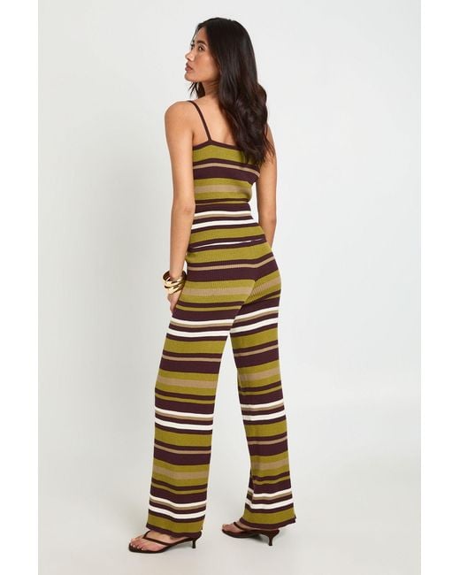 Boohoo Green Rib Knit Stripe Top And Wide Leg Trouser Co-Ord