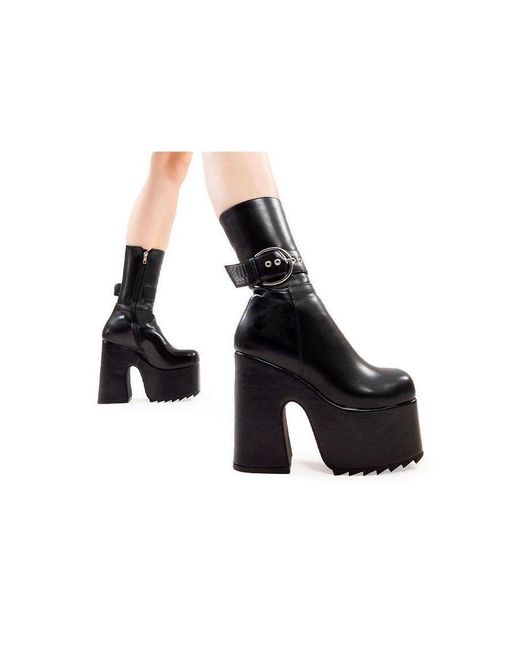 Lamoda Black Chunky Calf Boots Dreamscape Round Toe Platform Heels With Zipper