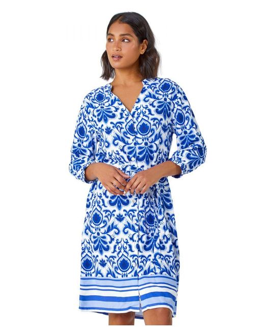 Roman Blue Abstract Border Print Shirt Dress