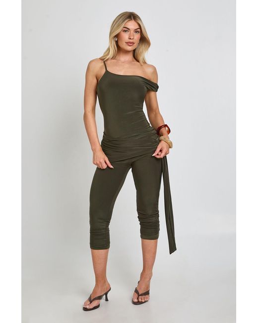 Boohoo Green Slinky Asymmetric Neck Capri Jumpsuit
