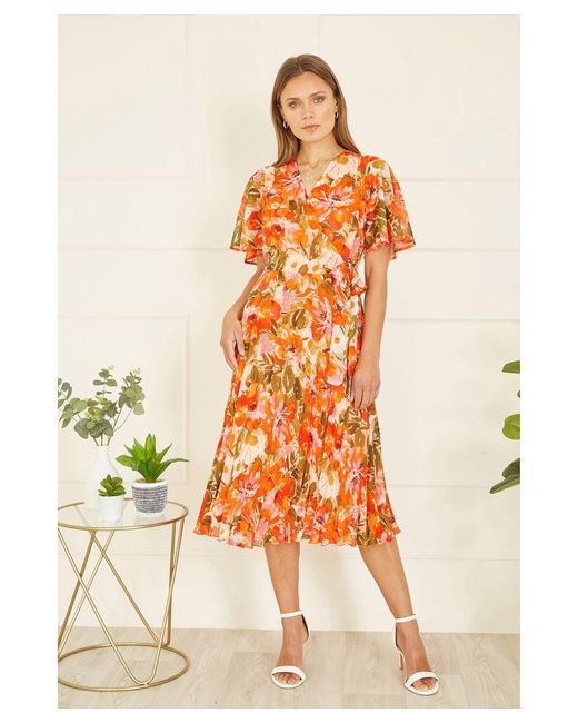 Yumi' Orange Floral Midi Wrap Pleated Dress
