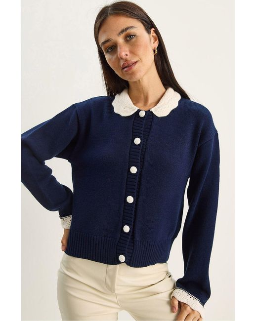 Bianco Lucci Blue Thick Ribbed Knit Cardigan With Button Closure