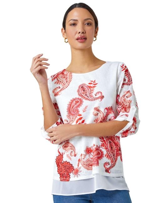 Roman Red Paisley Print Double Layer Top