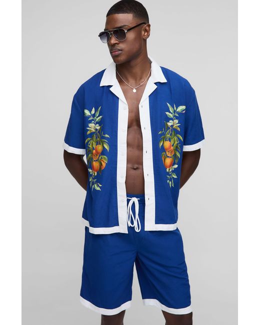 BoohooMAN Blue Oversized Graphic Linen Blend Shirt & Relaxed Short Set for men