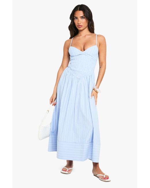 Boohoo Blue Petite Stripe Shirred Waist Detail Smock Maxi Dress