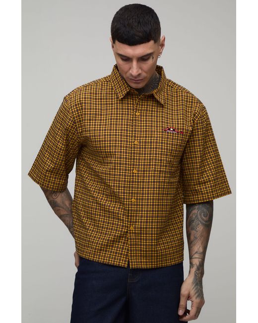BoohooMAN Yellow Tall Oversized Boxy Half Sleeve Small Embroidery Shirt for men