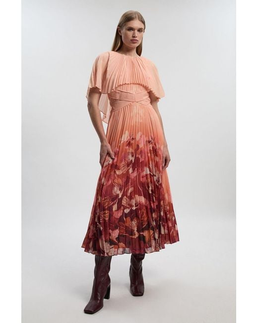 Karen Millen Red Pleated Cape Sleeve Low Back Maxi Dress