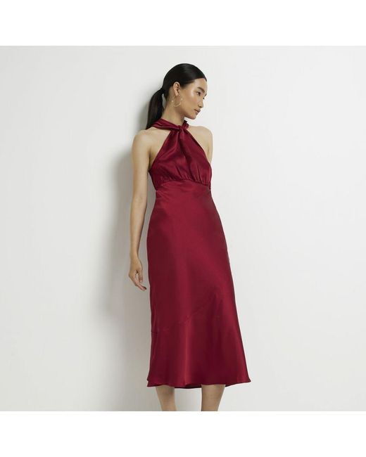 River Island Red Midi Dress Satin Halter Neck
