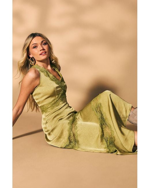 Oasis Yellow Satin Lace Insert Maxi Dress