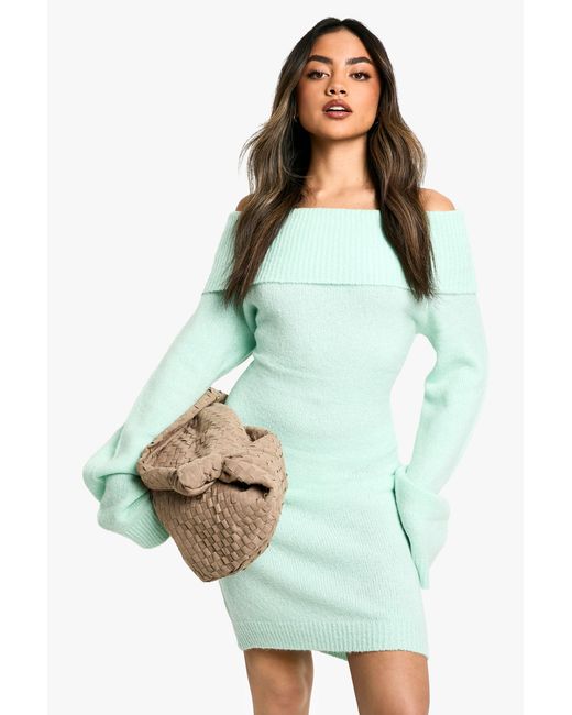 Boohoo Green Rib Bardot Neckline Mini Jumper Dress