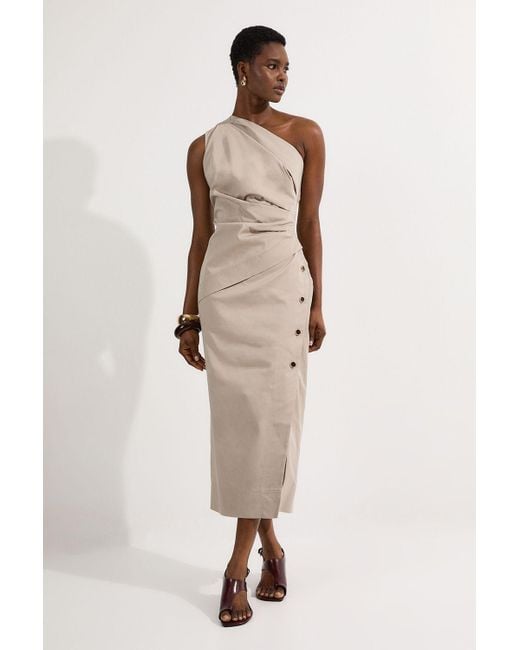 Karen Millen Natural Tailored Polished Cotton Asymmetric Drape Pencil Dress