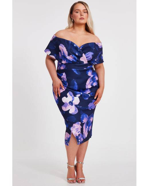 Quiz Blue Curve Floral Bardot Midi Dress