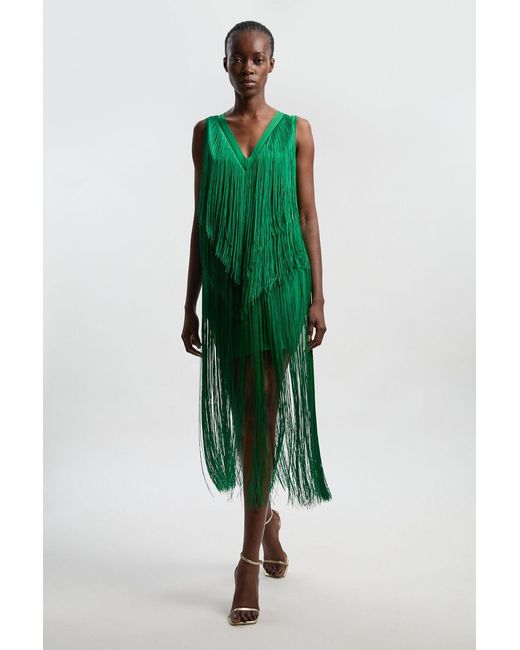 Karen Millen Green Fringe Bandage V Neck Knit Midi Dress