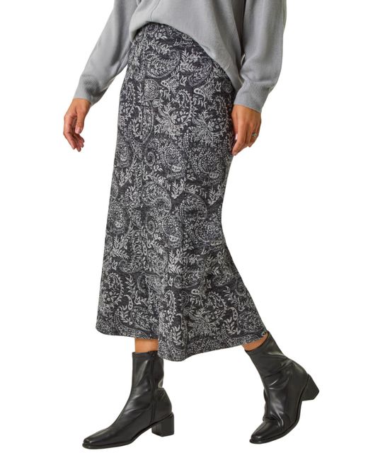 Roman Gray Leaf Print Panelled Tulip Skirt