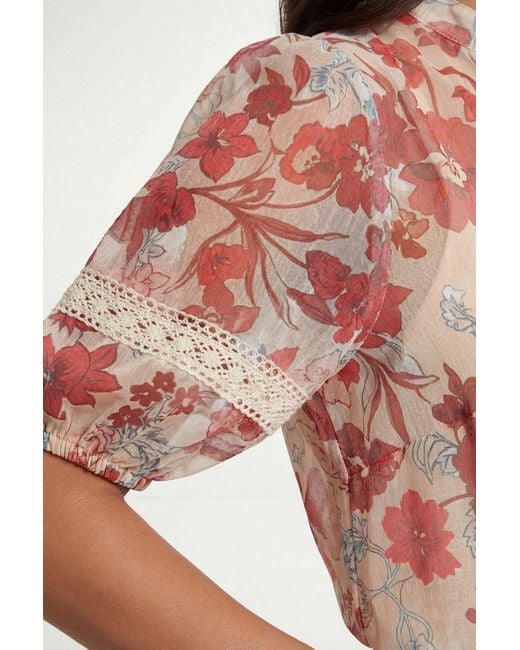 Wallis Red Floral Organza Lace Detail Short Sleeve Shirt