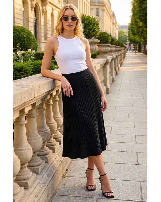 Roman Black Ribbed Knit Flared Midi Skirt