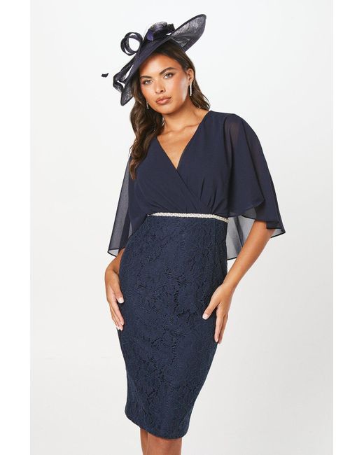 Wallis Blue Lace Chiffon Cape Pencil Dress