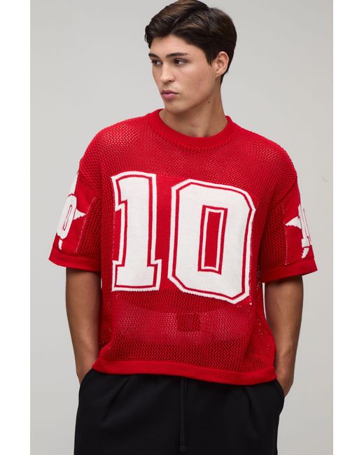 BoohooMAN Red Oversized Boxy Open Stitch Knitted Sports Top for men