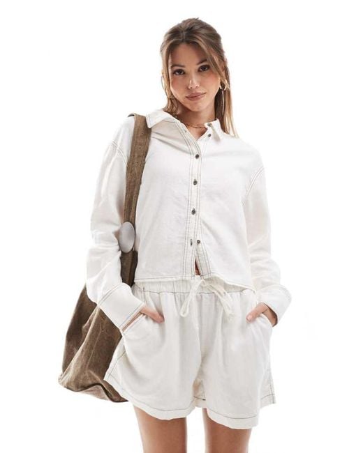 ONLY White Linen Blend Cropped Shirt Co-Ord With Contrast Stitch