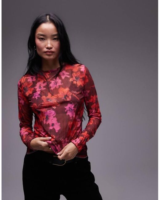 TOPSHOP Red Floral Print Crinkle Mesh Long Sleeve Top