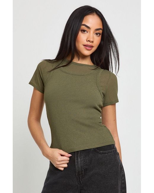 Boohoo Green Sherred Textured Rib Double Layered Top