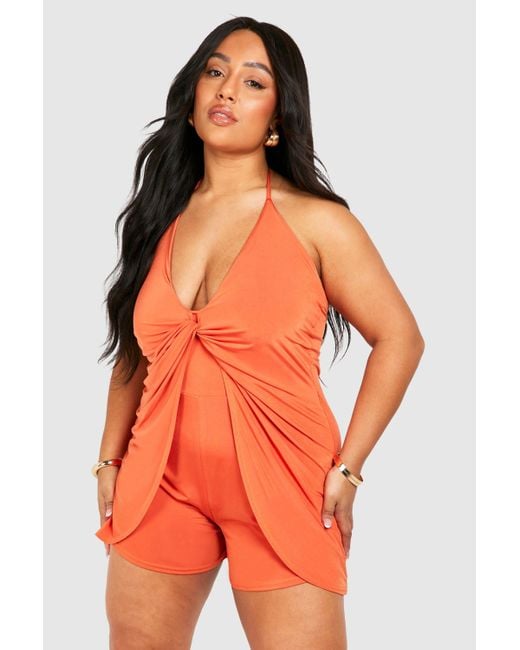 Boohoo Orange Plus Slinky Knot Detail Strappy Playsuit