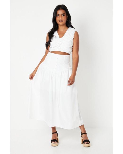 Oasis White Cotton Poplin Gathered Bodice Drop Waist Midi Dress