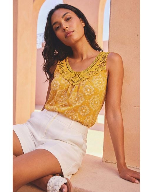 Roman Yellow Printed Crochet Trim Vest Top